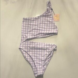 Skatie x Amber Fillerup Clark Gingham One-Shoulder Swimsuit